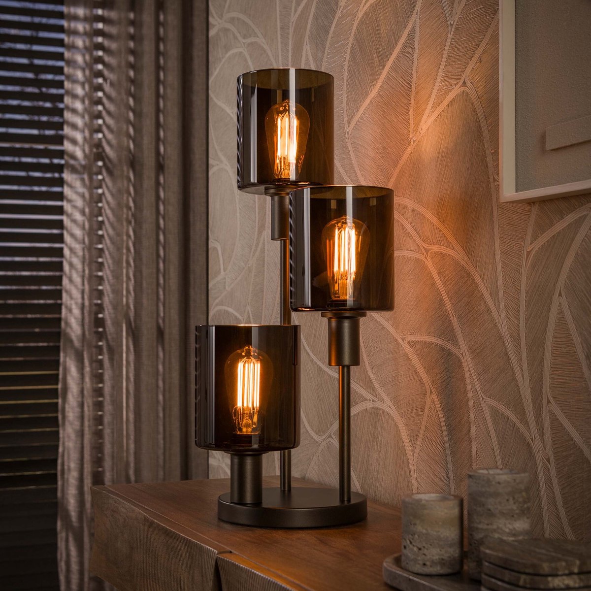 PS-Collection Tafellamp Sienna Bruin Glas Metaal 3-lichts - Sepiora - tafellamp slaapkamer, tafellamp industrieel, tafellampen woonkamer, tafellamp zwart, tafel lamp, tafellamp slaapkamer industrieel, tafellampje
