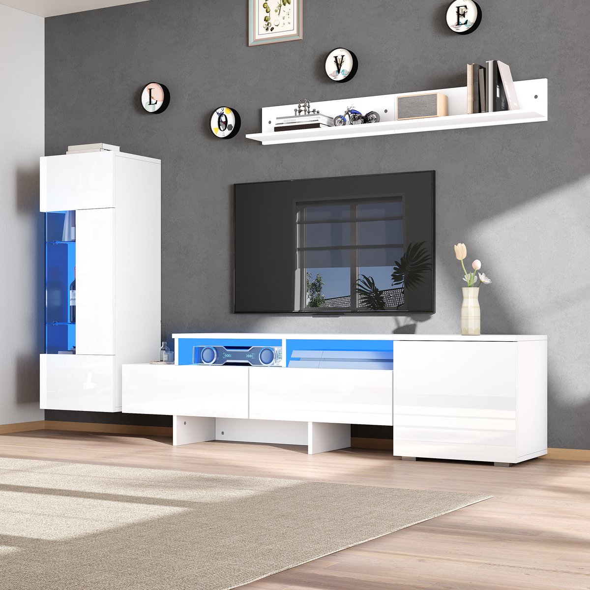 MODFU - TV Meubel - 3-Delig Met LED - Hoogglans - Wit - Spaanplaat Acryl Glas