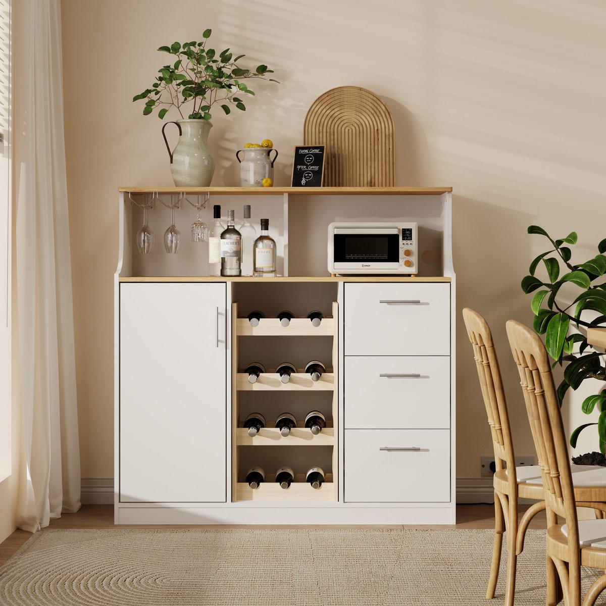 MODFU-Dressoir-Wijnrek-Glazenhouder-LED-Verlichting-Wit-Naturel