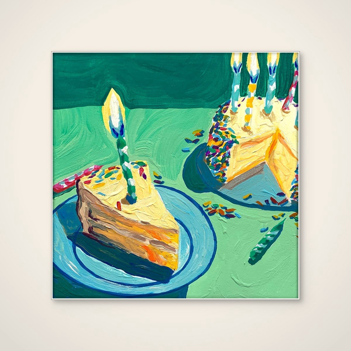Akoestisch schilderij - 80 x 80 cm - Festive Cake Slices van Pauline Wegman | Key and Sea Creative - Abstracte wanddecoratie - wit textielframe