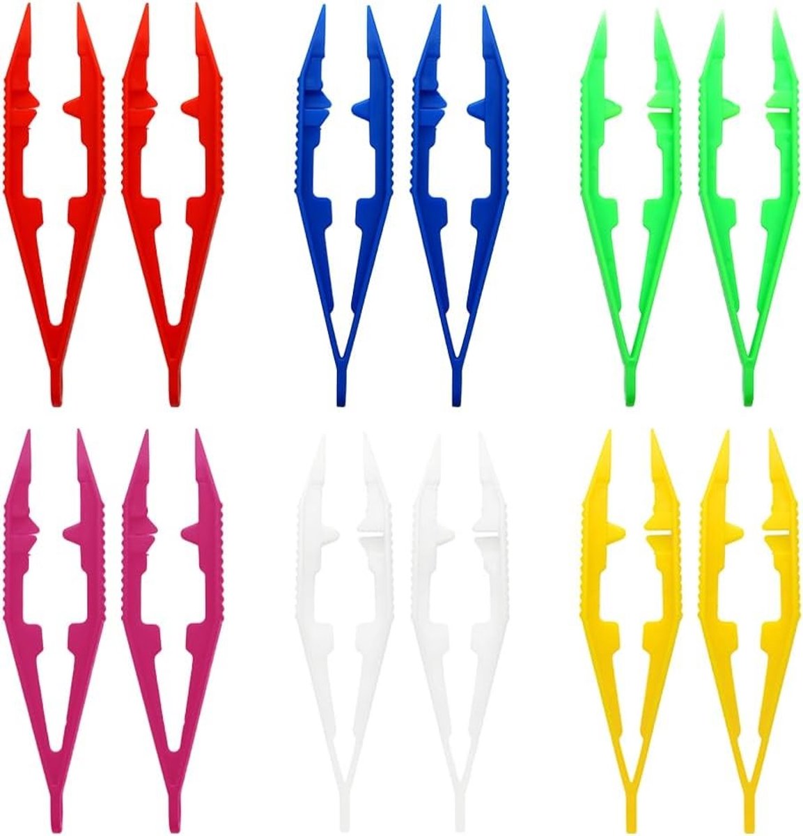 Kleurige plastic pincetten set van 12 stuks, 10 cm lang, ideaal voor reptielenvoeding, knutselen en het oppakken van kralen. Perfect voor kinderen en hobbyisten.