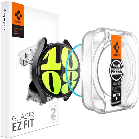 Verpakking en installatiehulp voor Spigen Glas.R EZ Fit horlogebeschermers, met horloge dat '10 08' toont.