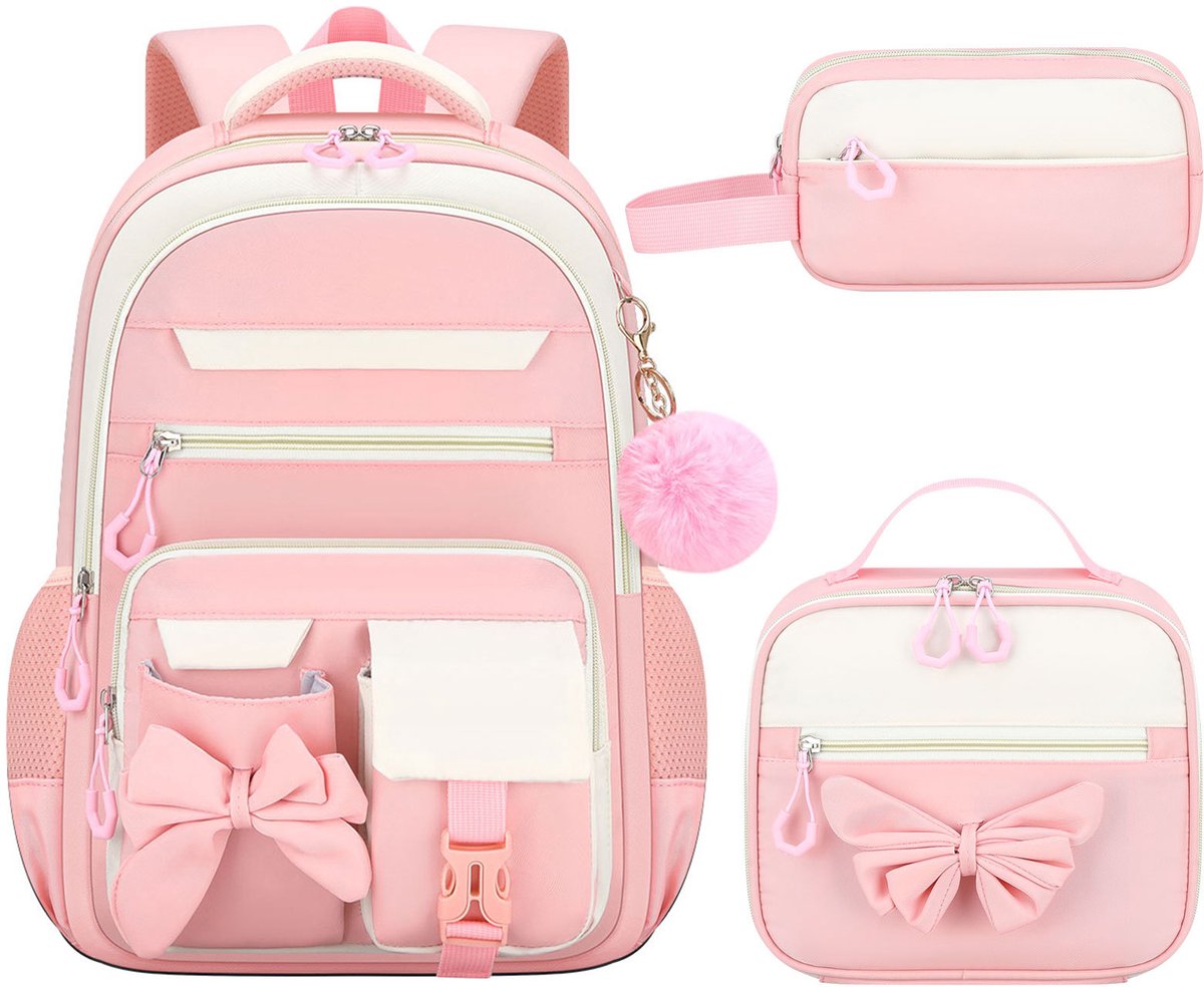 Schoolrugzak - Waterdicht - Met Lunchtas en Pennenzak - 27 Liter - Voor Meisjes - Voor School En Reizen - Roze