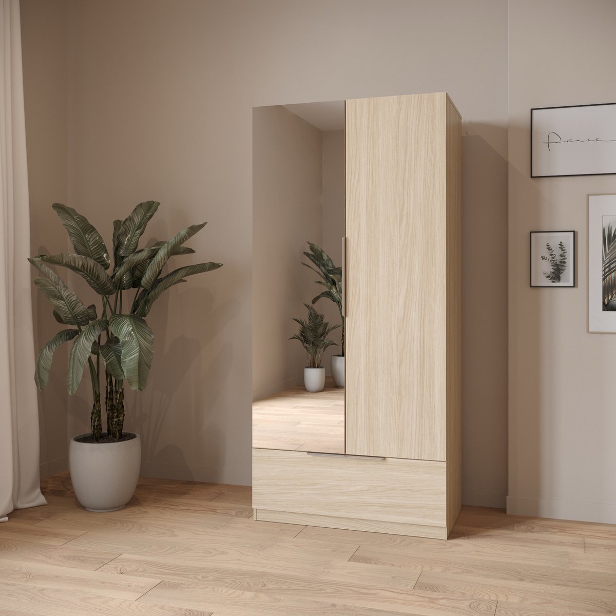 CBA MERYL kledingkast - 2 deuren - Spiegel - 1 lade - Kledingroede - 4 legplanken - Amaya eik - 90 x 52 x 193 cm