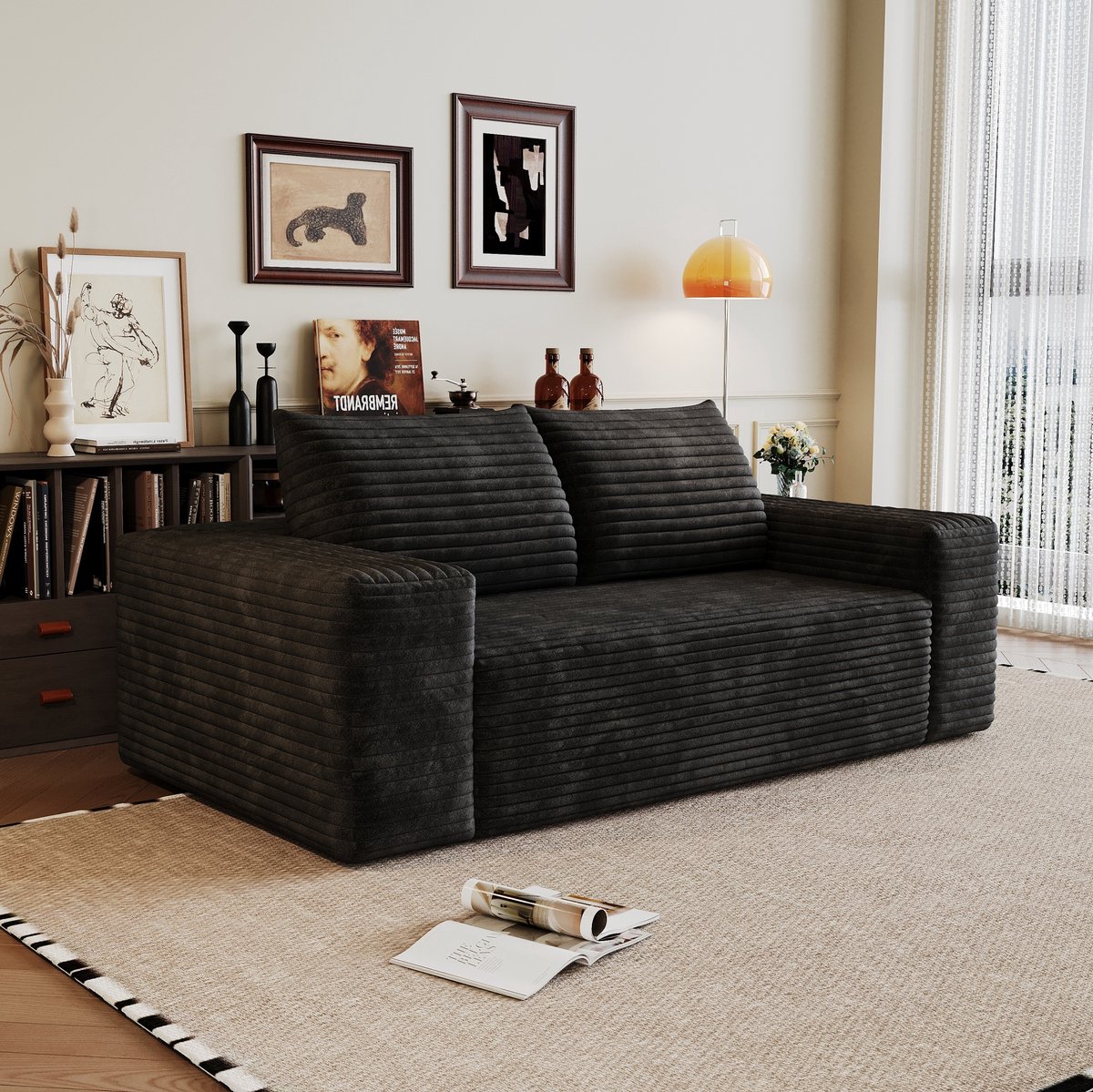 MIVRAY Zitbank 180 cm - Diepe Zitting En Comfort Zonder Montage - Voor Woonkamer, Slaapkamer En Appartement - Ribstof Zwart