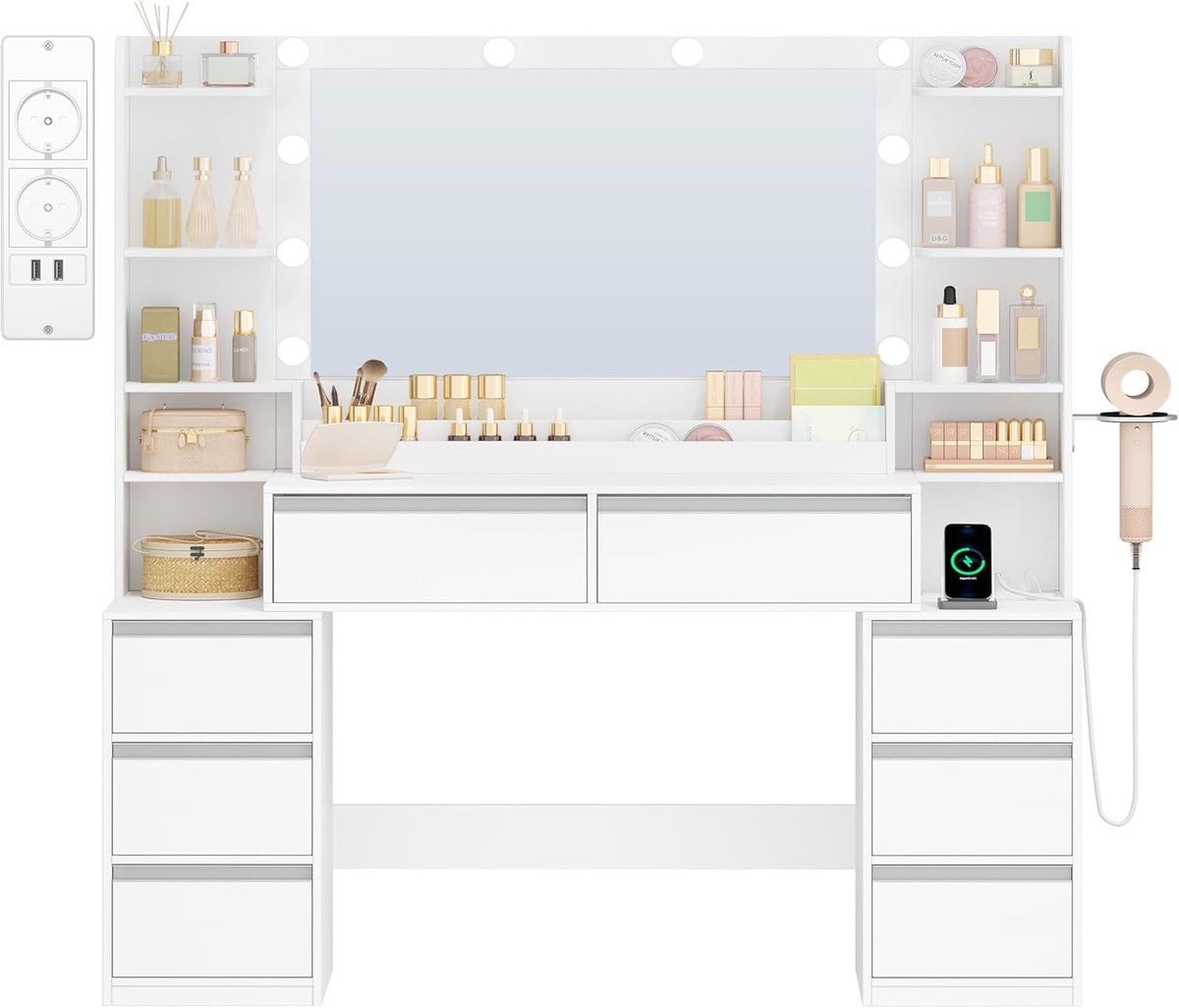 Hzuaneri Kaptafel van 135 cm met spiegel en ingebouwd stopcontact, wit-zilver, Make-uptafel met 3 dimbare ledlampen, föhnhouder, 8 lades en open vakken, 40 × 135 × 145,2 cm