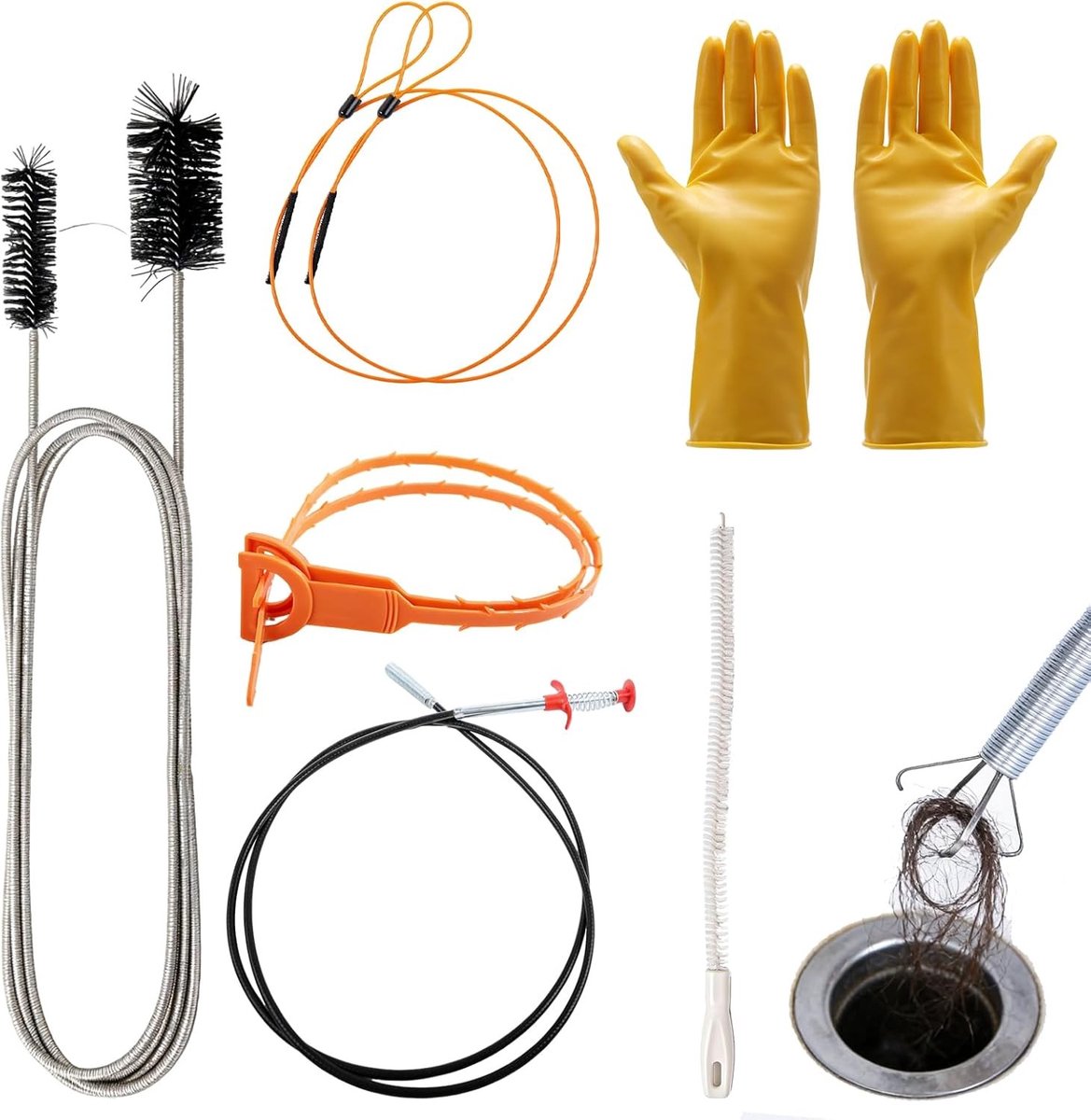 Set van 8 spiraal afvoerreinigers, 2 m lange buisreinigers voor keuken en douche, roestvrijstalen afvoerborstels met dubbele kop voor effectieve verstoppingverwijdering