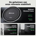 Zwart fitness trampoline met een robuust, éénstuk frame, 1.4mm dikke muren en 32mm diameter.