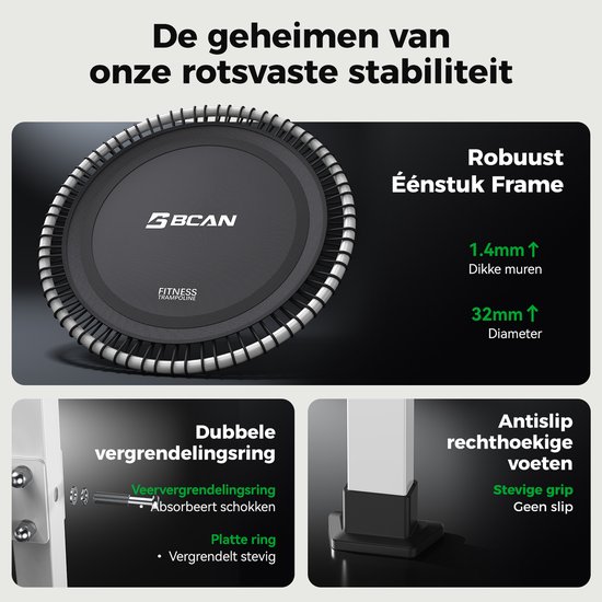 Zwart fitness trampoline met een robuust, éénstuk frame, 1.4mm dikke muren en 32mm diameter.