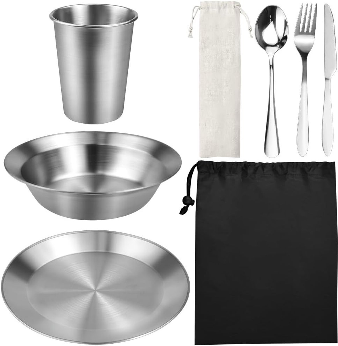 Camping Bestekset 8-in-1 - Draagbaar RVS Servies met Bord, Kom, Mok, Mes, Vork en Lepel voor Buitenactiviteiten