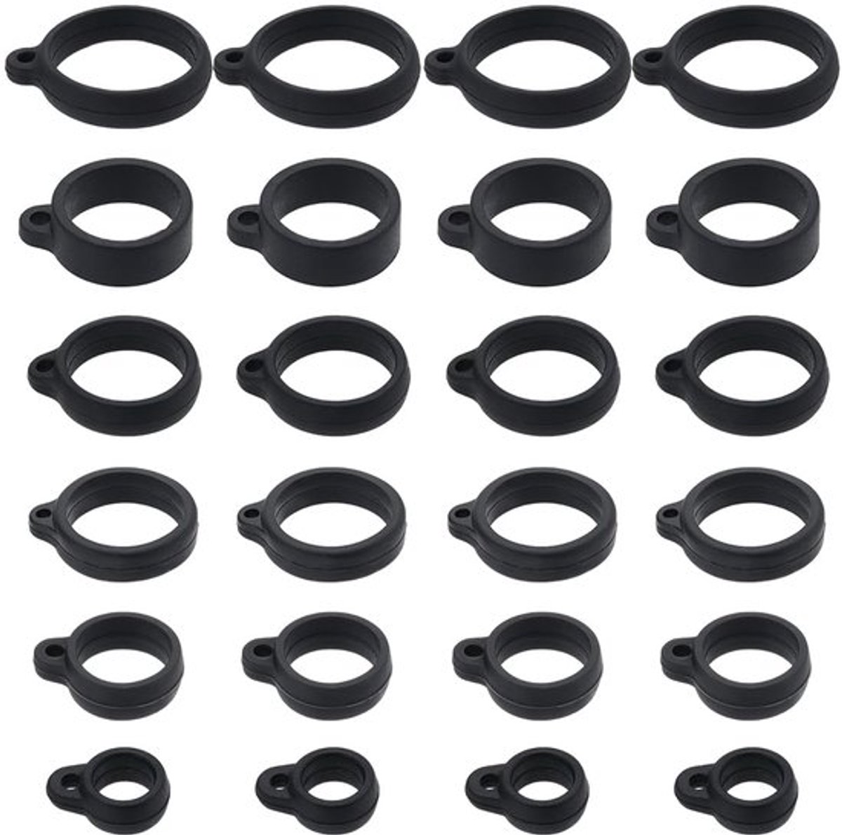 60 Stuks Silicone Rubber Ringen - 6 Maten - Verstelbare Zwarte Bandhouder voor Sleutelhangers en Lanyards