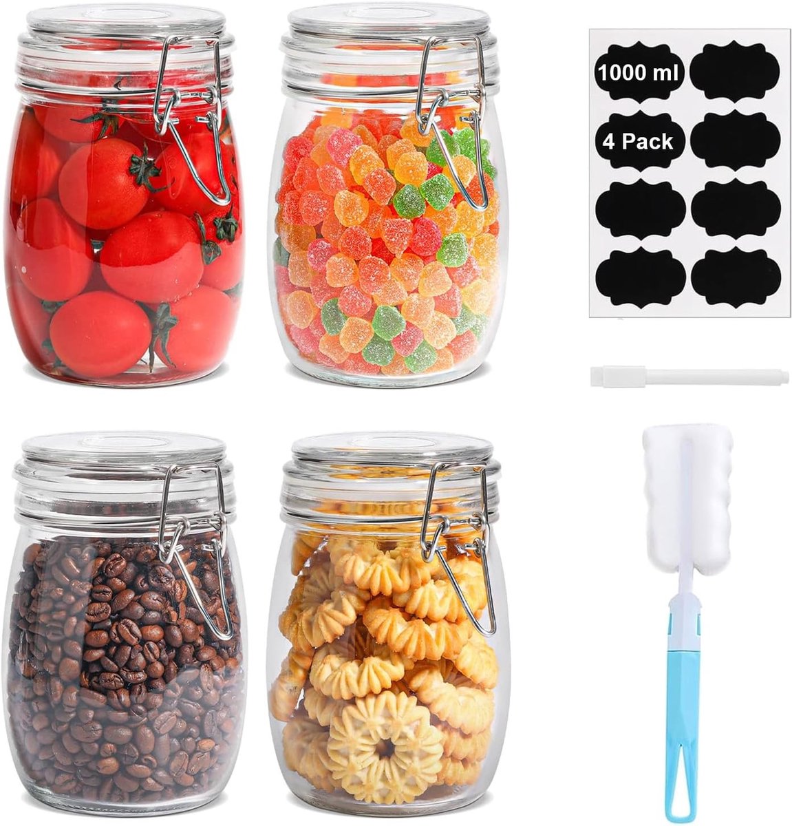 Preserveer Jars met Beugel Sluiting, Luchtdichte Glazen Potten voor Kimchi, Fermentatie en Opslag met Labels en Deksel (4 stuks)