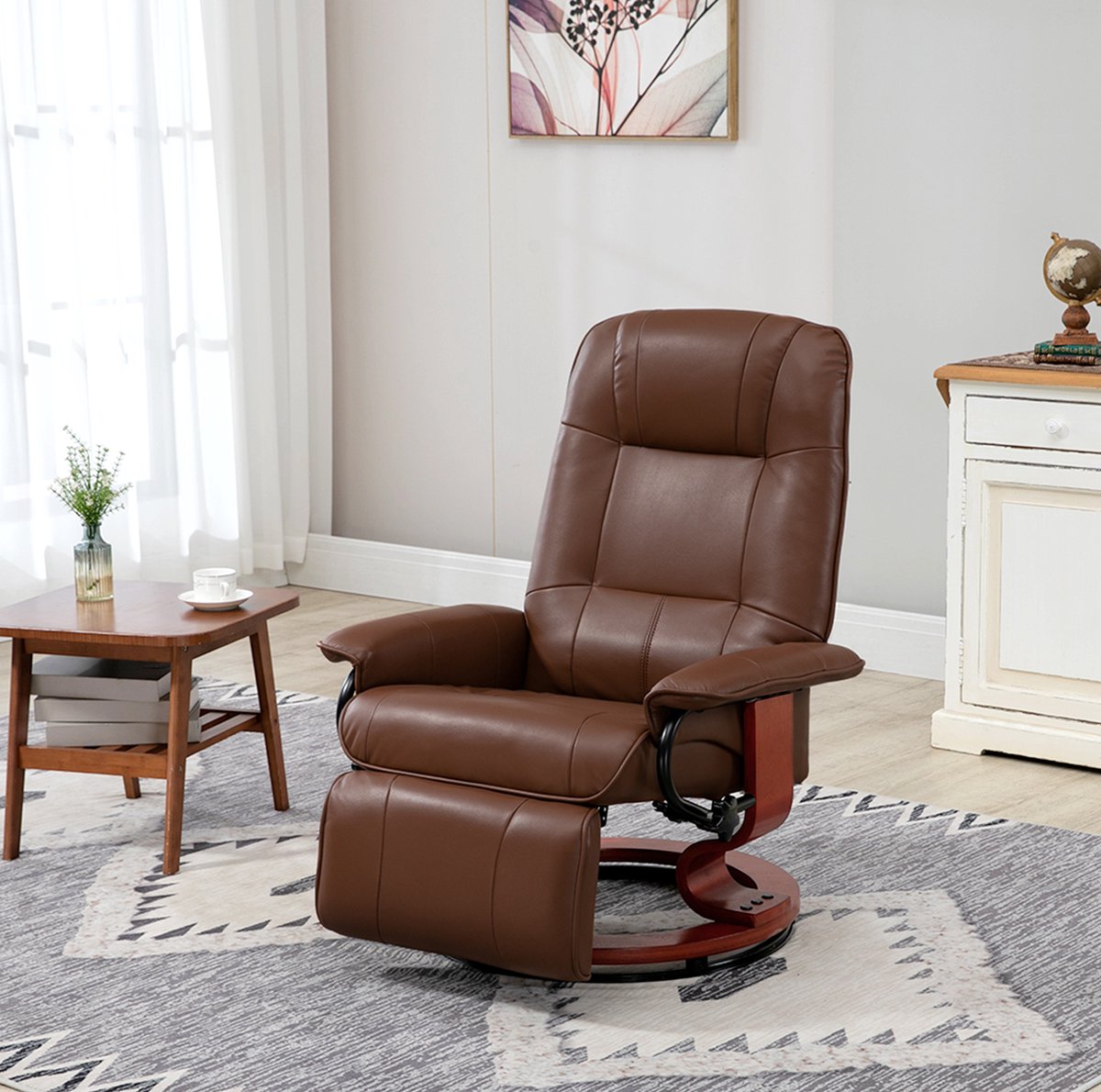 MIVRAY Relaxfauteuil 78 x 87 x 100 cm - Draaibaar Met Handmatige Ligfunctie En Voetensteun - Voor Woonkamer En Slaapkamer - Kunstleer Bruin