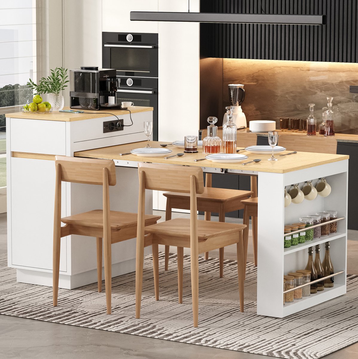Wishdor - Eettafel - Uitschuifbaar en opklapbaar - met lades, kast, haken en wielen - modern - voor keuken en eetkamer - houtlook - wit - 58-154 x 80,5 x 94 cm