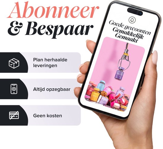 Hand die een smartphone vasthoudt met een afbeelding van Novomins gummies in een grijphaak. "Abonneer & Bespaar".