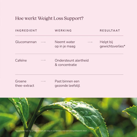 Informatie over Weight Loss Support met ingrediënten, werking en resultaten, met een foto van groene thee bladeren.