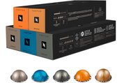 Verpakkingen van Nespresso Vertuo koffiecups (Inizio, Melozio, Arondio, Costa Rica, Fortado) en losse capsules.