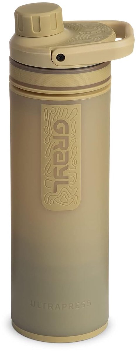 SnelShoppen - UltraPress 500ml Waterzuiveraar & Filterfles - Draagbare Waterfilter voor Wandelen, Backpacken, Survival, Reizen - Desert Tan - Eenvoudi
