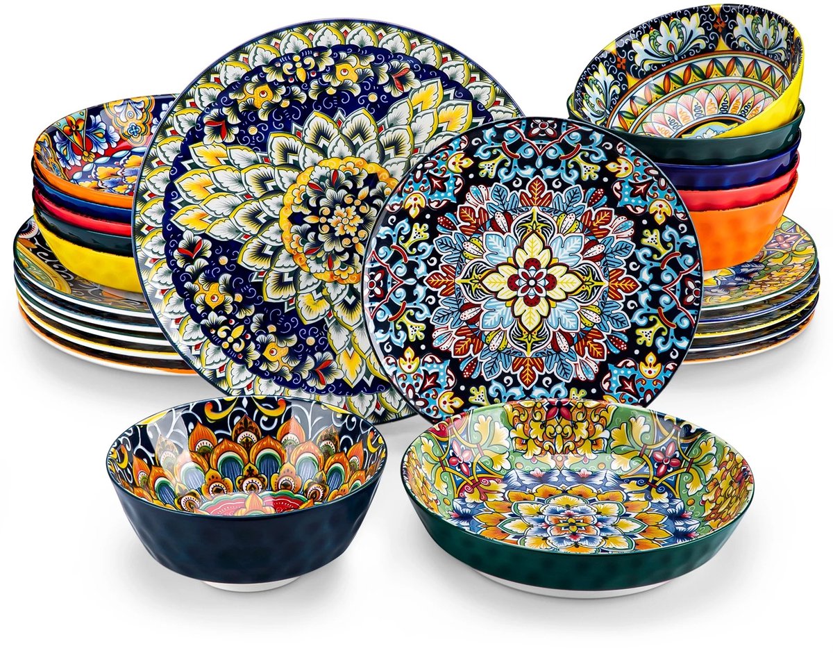 Vancasso 12-delige keramische serviesset - servies Boheemse stijl - Floral design - Dinerborden, dessertborden, granen- en pastakommen - Servies voor 6 personen