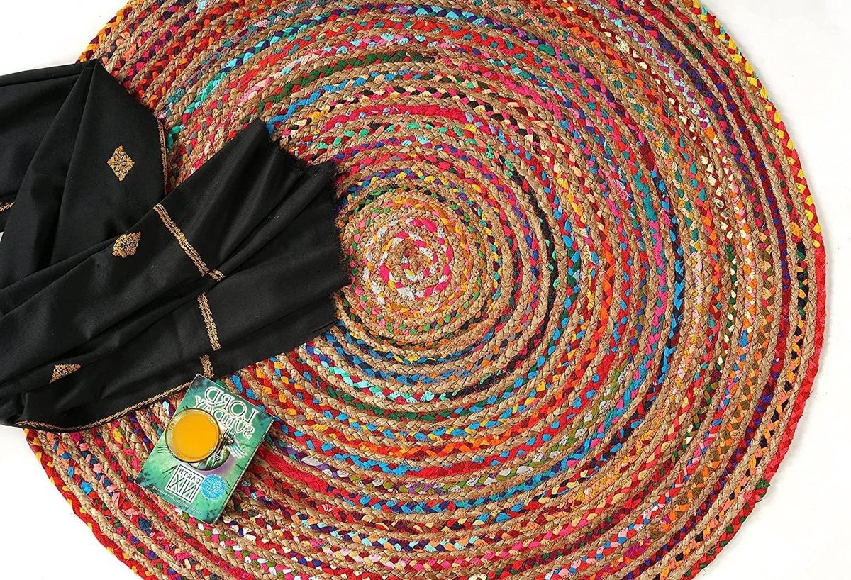 Jute Vloerkleed - Natuurlijk Tapijt - Interieur Verfraaien - Handgemaakt Gevlochten Design - 183 cm Rond - Multikleur
