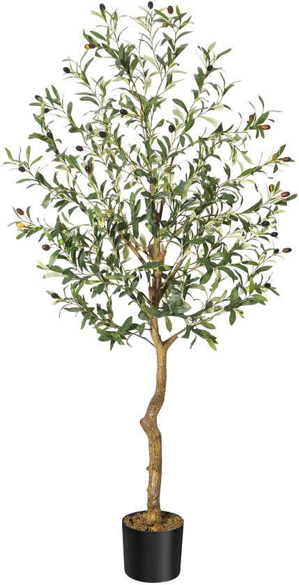 Kunst-olijfboom met groene bladeren en olijven, met een bruine stam, in een zwarte pot op een witte achtergrond.