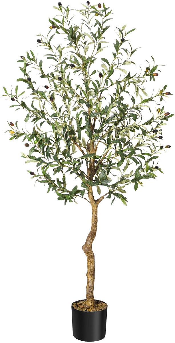 150 cm hoge natuurgetrouwe kunst‑olijfboom in pot, verstelbare takjes, levensechte bladeren en vruchten, decoratieve nep‑boom voor woonkamer, kantoor en terras binnenshuis