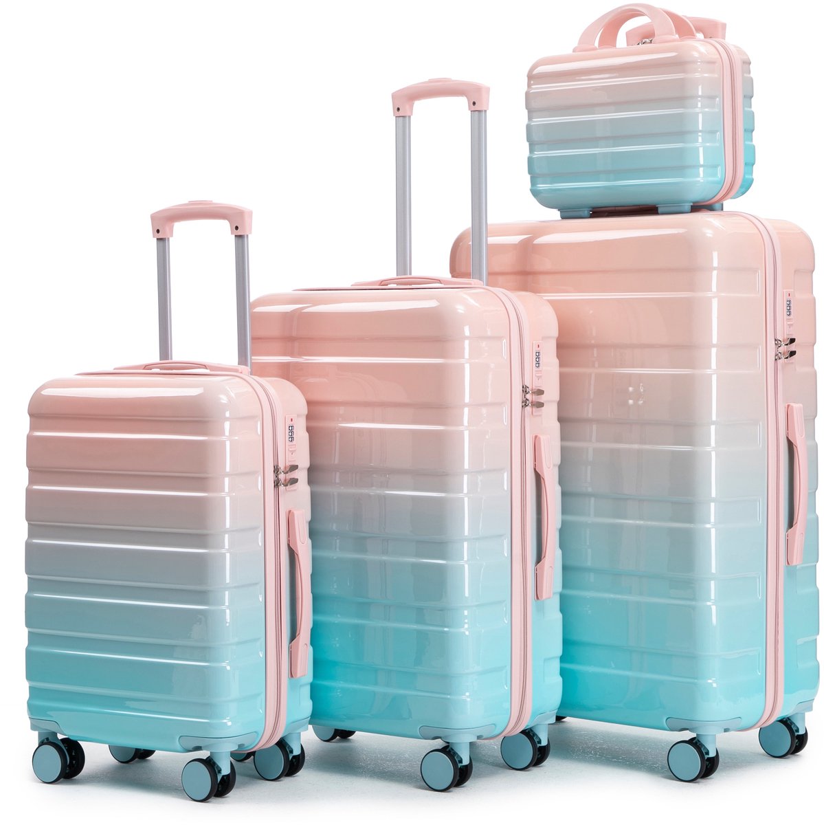 VVBV Kofferset 4 Delig 14/20/24/28 inch - PC Hardcase, Beautycase, Spinner Wielen, Cijferslot, Reisset, Roze, Vakantie