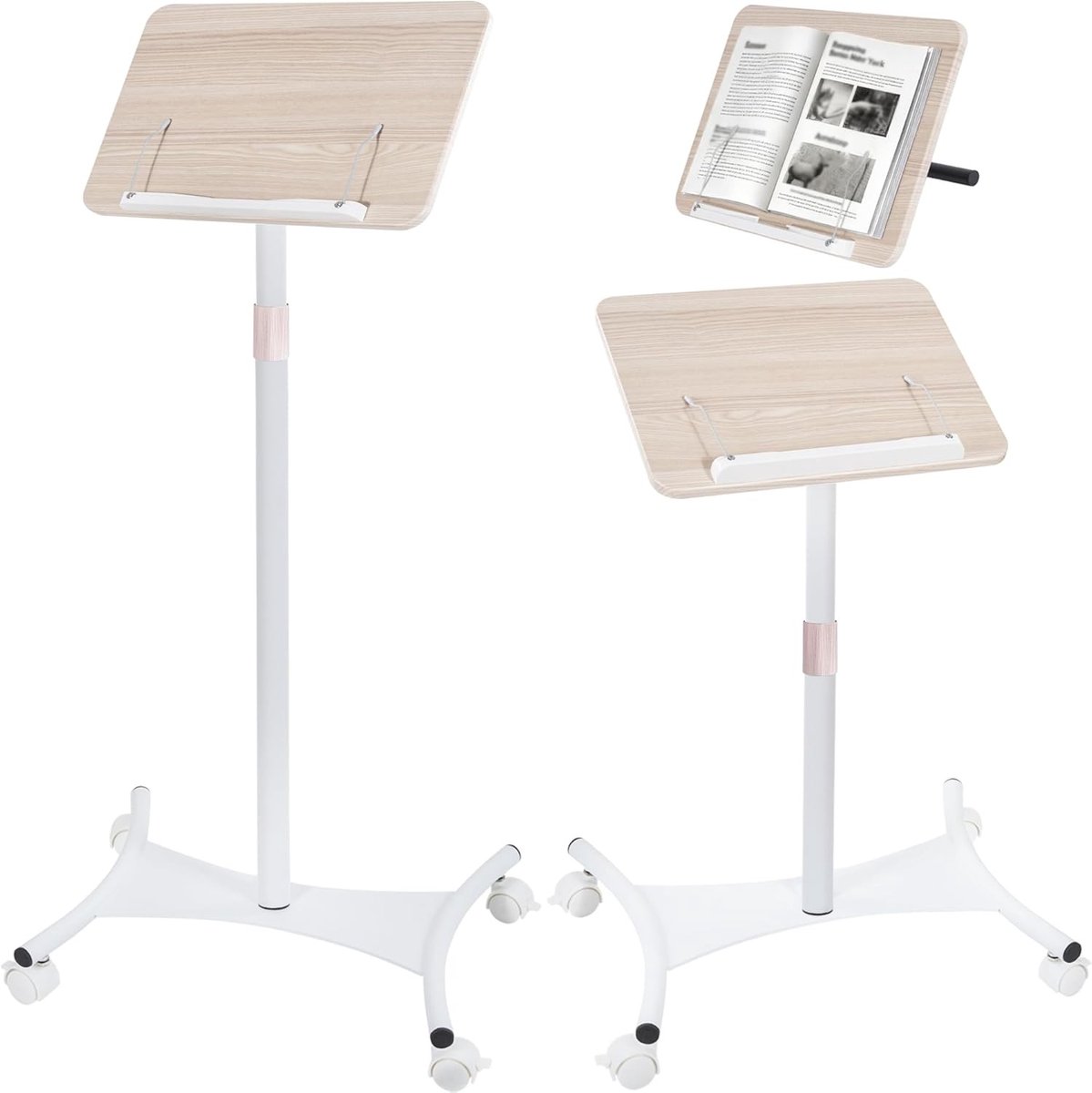 Verstelbare Vloerboekstandaard van 50 tot 170 cm met Wielen, Houten Leesstandaard met Pagina Clips, Ideaal voor Boeken, Laptops en Desk Usage