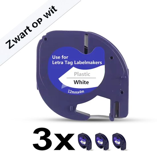 Drie witte plastic labelrolletjes van 12mm x 4m voor LetraTag labelmakers, met "Zwart op wit" aanduiding.