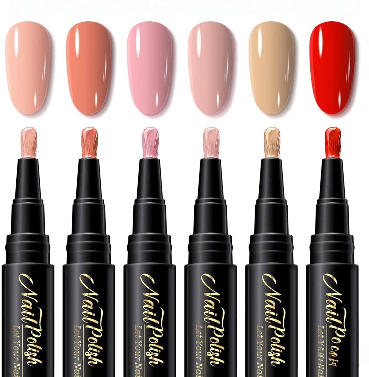 Set van 6 nagellakpennen - Nagellak op waterbasis - Sneldrogende nagelkunstpen - DIY nagelkunst - Geen UV-lamp nodig - Nagellak op waterbasis - Gemakkelijk te hanteren penpunt - Geschikt voor DIY nagelkunst voor vrouwen