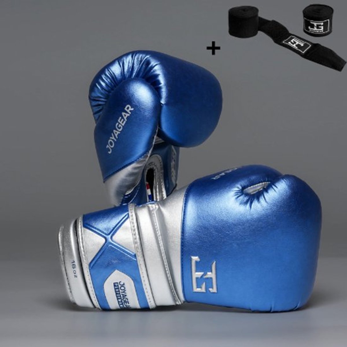 Joyagear Performance V2 Bokshandschoenen – Blauw/Zilver – 16 oz – Geschikt voor Boksen, Kickboksen, Muay Thai & MMA – Inclusief Bandage Set