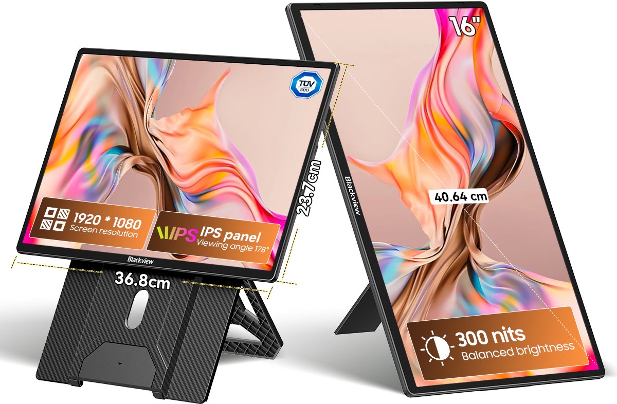 Blackview Table 9 Portable Monitor - 16 Inch Full HD Draagbare monitor - Draagbaar scherm met USB-C & HDMI - Plug & Play