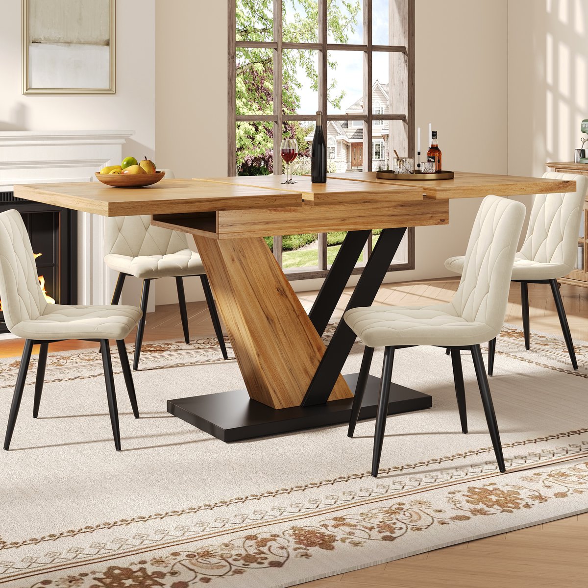 Zubaliya Uitschuifbare Tafel, Uitschuifbare Eettafel 120(160) x 75 x 75,5 cm, Tafel, Keukentafel, Uitschuifbaar tot 160 cm, Geschikt voor Keuken en Woonkamer, Tafelblad met Houtnerf (Alleen een tafel) Natuurlijk-C