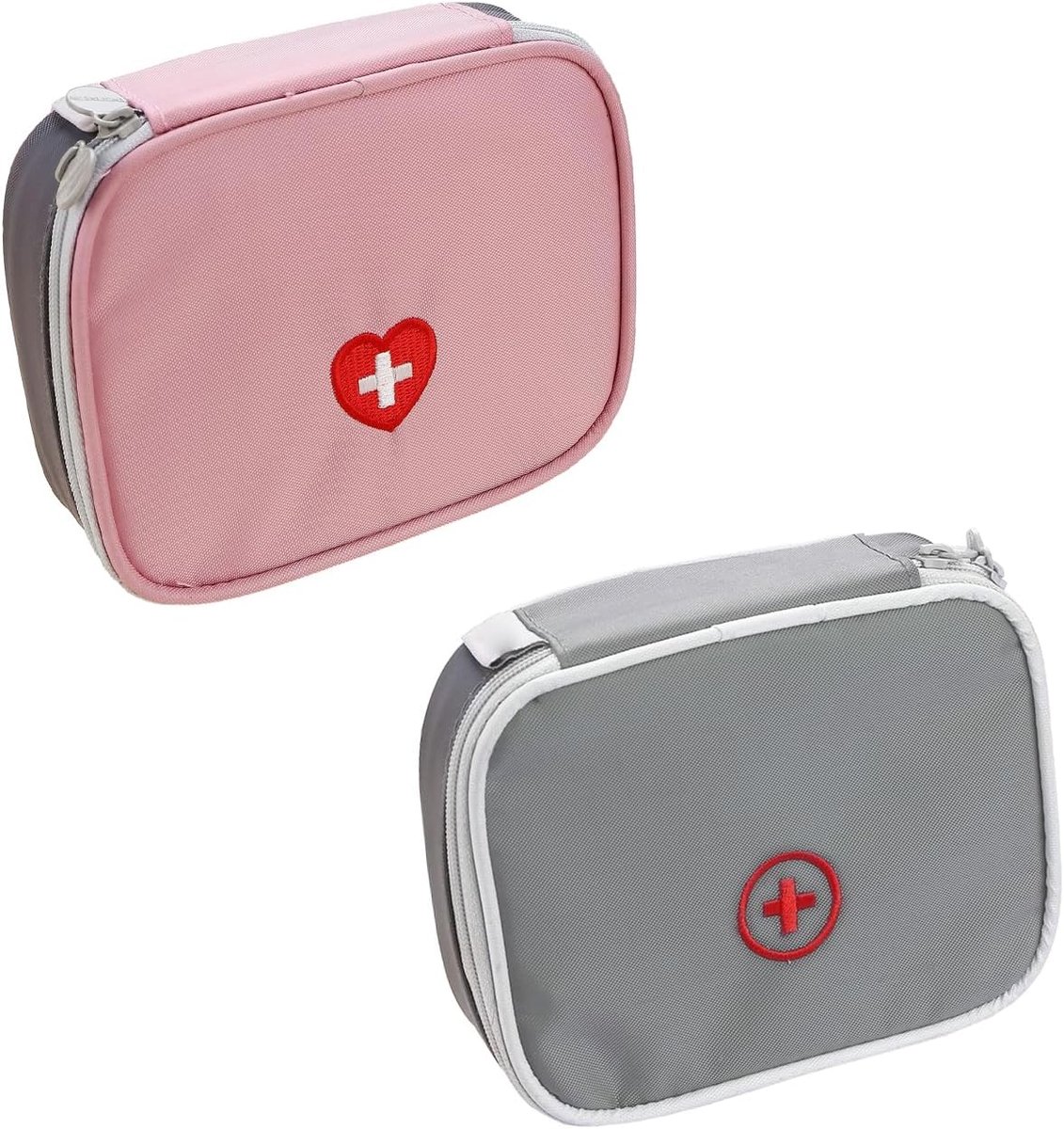 Set van 2 - Draagbare medicijntasjes - Mini-medicijntasjes - EHBO-kits - Compacte EHBO-organizers - Tasjes met kleine medicijnvakjes - Draagbaar ontwerp met handvatten - Geschikt voor kamperen en wandelen - Grijs en roze