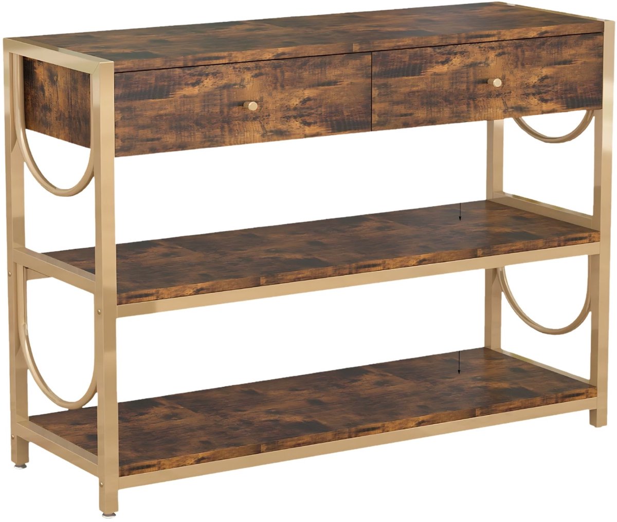 Consoletafel met Laden - Met 3-Laags Opbergplanken - voor woonkamer en hal - Met 3-Laags Opbergplanken, Houtlook Metaal - Bruin