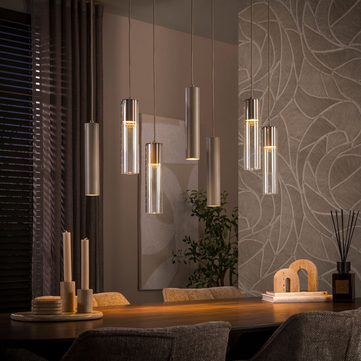 PS-Collection Hanglamp Beige Amber Glas Metaal 7-lichts - Lungo - hanglampen eetkamer, hanglamp zwart, hanglampen woonkamer, hanglamp slaapkamer, hanglamp kinderkamer, hanglamp rotan, hanglamp hout, hanglamp industrieel