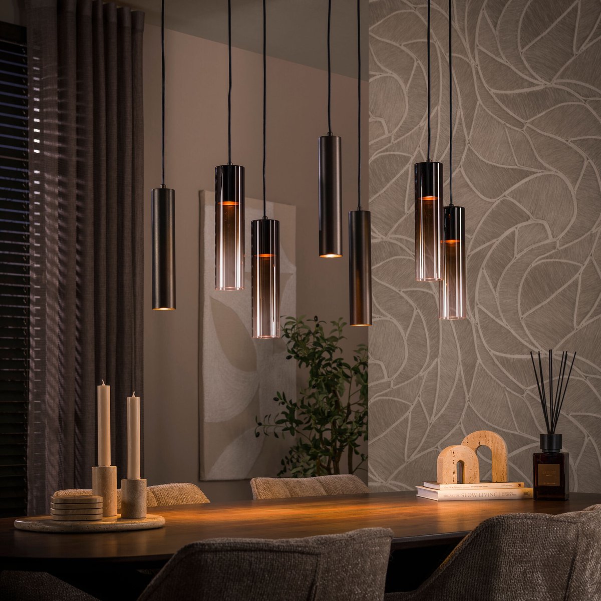 PS-Collection Hanglamp Bruin Glas Metaal 7-lichts - Lungo - hanglampen eetkamer, hanglamp zwart, hanglampen woonkamer, hanglamp slaapkamer, hanglamp kinderkamer, hanglamp rotan, hanglamp hout, hanglamp industrieel