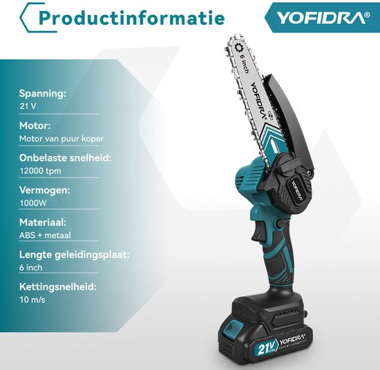 Yofidra Mini kettingzaag - 6 inch kettingzaag- met 2x accu’s - 1000W Heggenschaar - Takkenzaag - voor tuin, boomsnoeien en hout van Yofidra — afbeelding 3