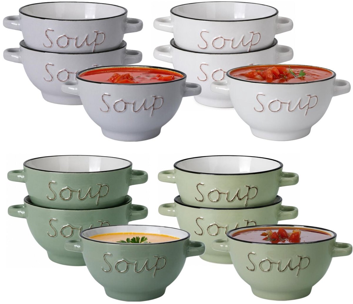 Soepkommen set gres - 12x - verschillende kleuren - porselein - 500ml - met oren