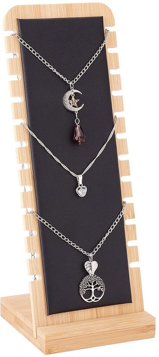 Bamboe kettingstandaard, 12 sleuven verticale kettinghouder, lange ketting sieradenorganizer met zwarte leren voering, 27x10cm armband displaybord voor hangerketting