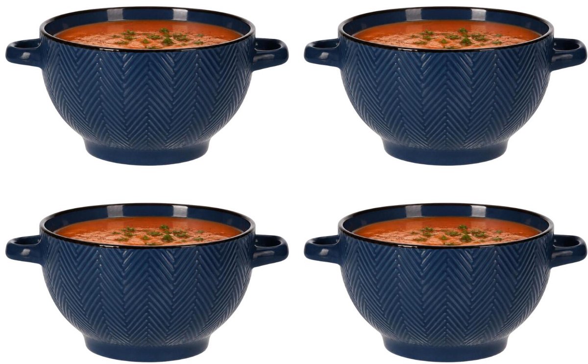Siaki Soepkom Fishbone - 4x - met oor blauw - 14 x 18 x 8 cm - keramiek - kommetjes/schaaltjes - 680 ml