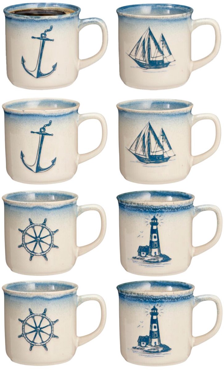 Bellatio Design Koffie / thee mok Nautic - 8x stuks - blauw - 300 ml - mokken - kopjes