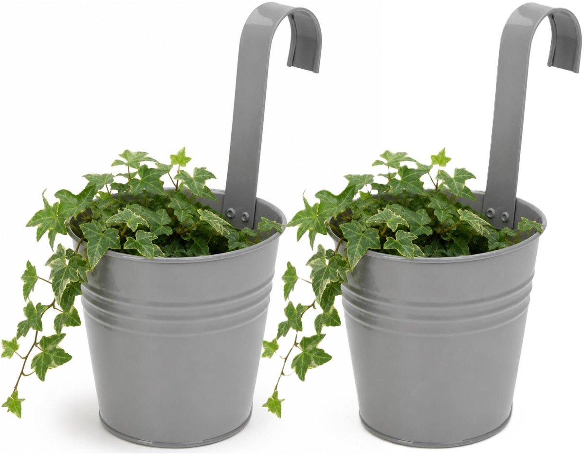 Progarden Bloempotje met haak - 2x - plantenbak zink met ophanghaak - grijs - 20 x 13 x 26 cm - ophangbaar- Balkon/schutting plantenpot
