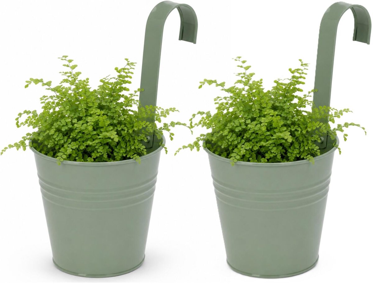 Progarden Bloempotje met haak - 2x - plantenbak zink met ophanghaak - groen - 20 x 13 x 26 cm - ophangbaar- Balkon/schutting plantenpot