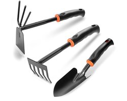 Een set van drie tuingereedschappen, waaronder een kleine tuinschep en een handhak, voor het losmaken van de grond en het wieden.