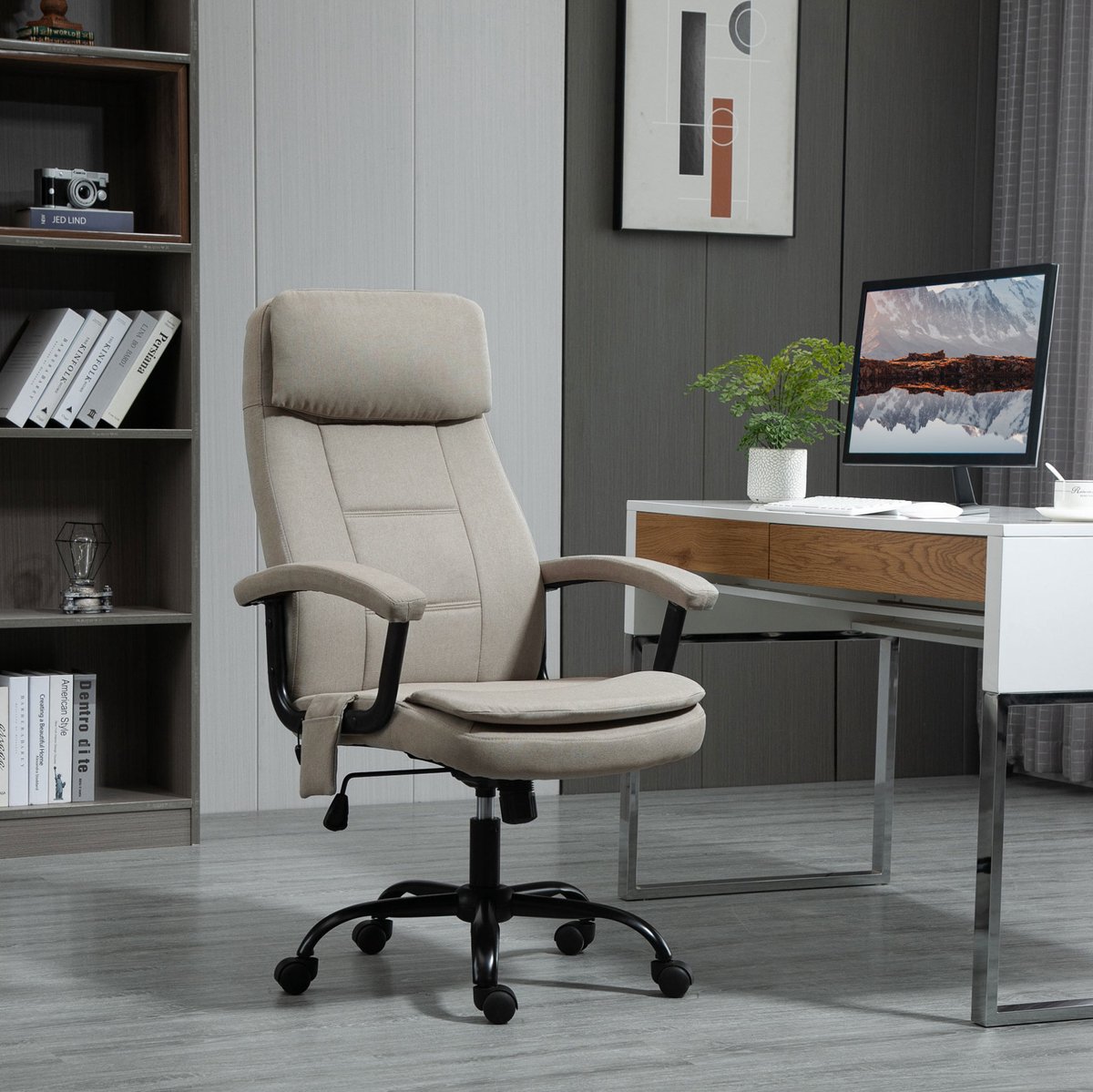 DESMIU Bureaustoel 63 x 70 x 112-121 cm - Ergonomisch Met Trilmassage, Hoogteverstelling En Wipfunctie - Voor Thuiskantoor - Polyester Beige