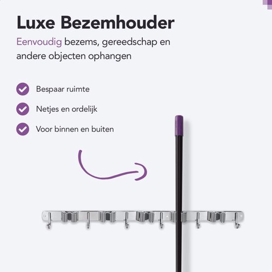 Bezemhouder Wand - Ophangsysteem voor Tuingereedschap - Wandrek met 5 Klemmen en 6 Haken — afbeelding 3