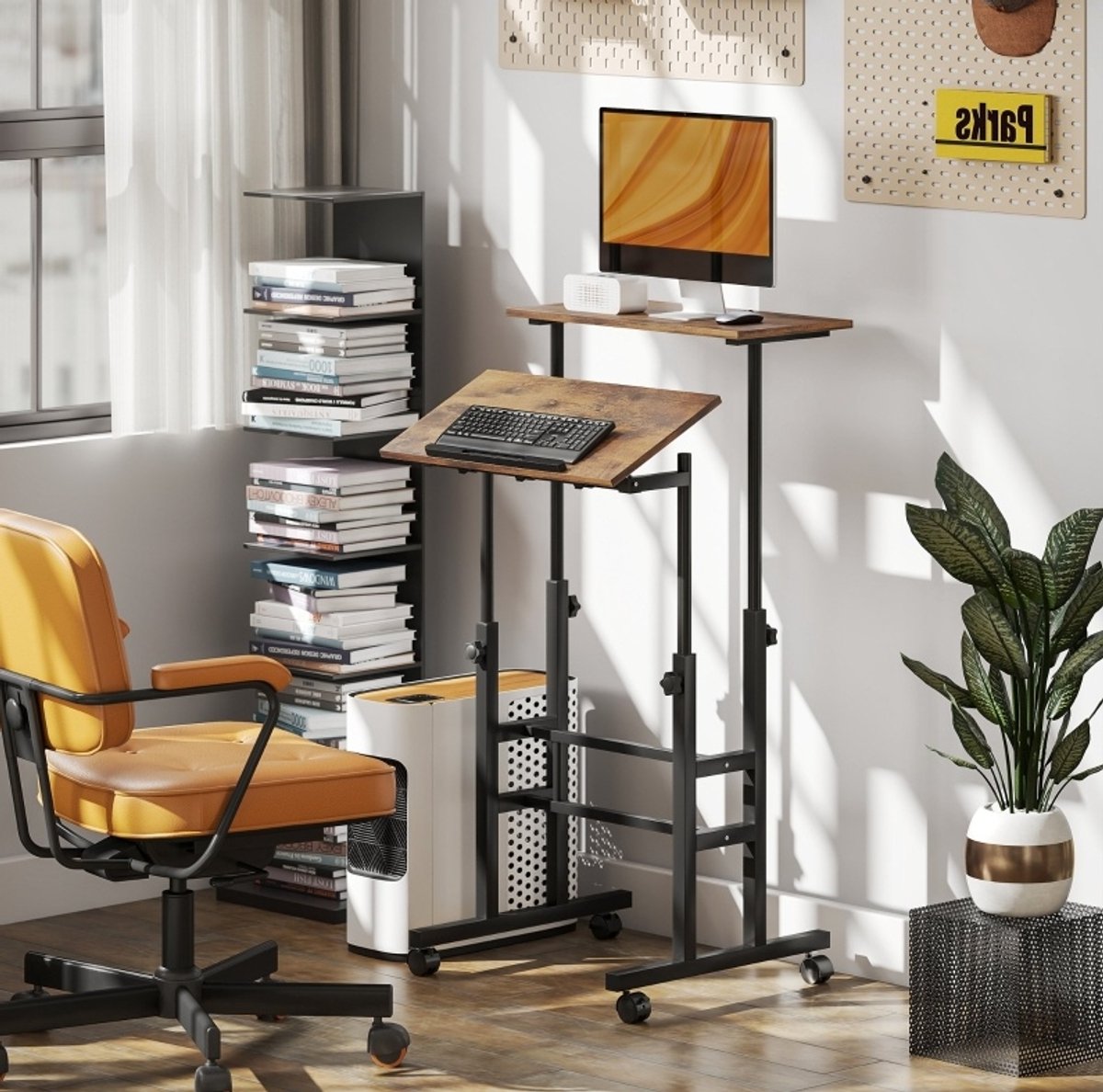OKWISH Bureau – Hoogteverstelbaar Met Kantelbaar Werkblad En Wielen – Voor Thuiswerk En Studie – MDF Metaal Rustiek Bruin – 60 x 60 x 70,5-120 cm