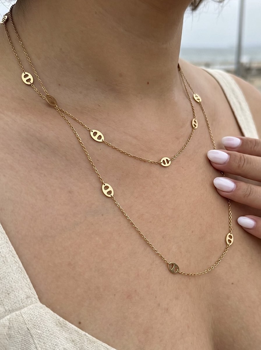 Anelplus Goudkleurige Dames Ketting – Layered Halsketting met Ovale Bedels – Minimalistisch – Stainless Steel – Cadeau voor Haar