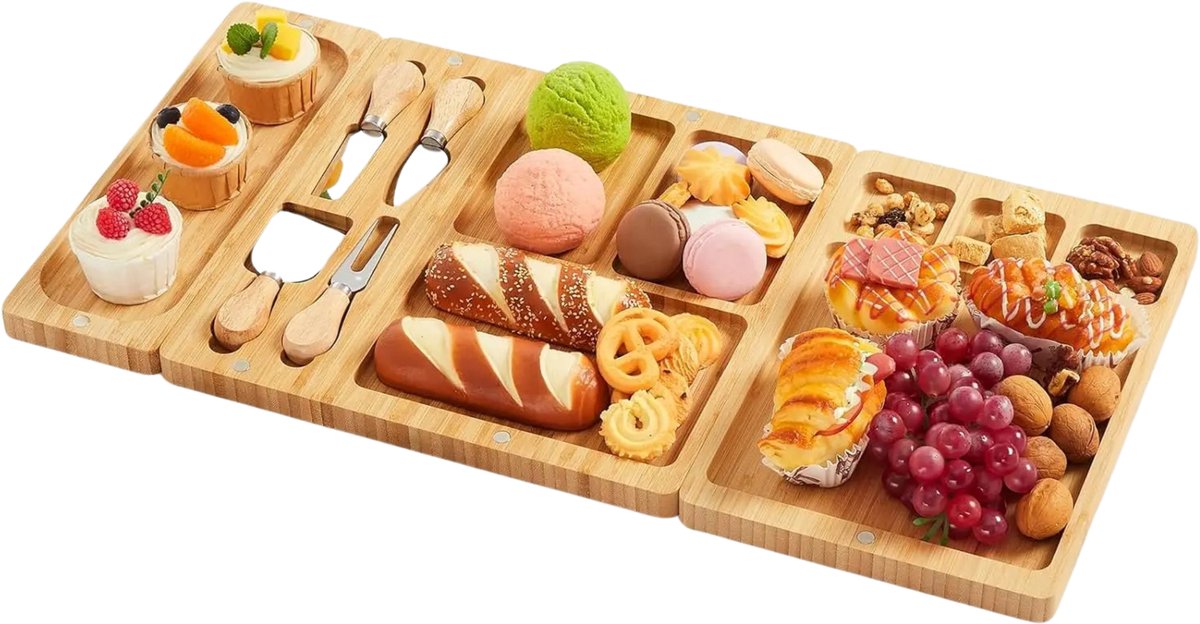 Noventra - Borrelplank - Luxe Bamboe Kaasplank - Charcuterieplank Set - Serveerplank met Kaasmessen en Schaaltjes - Tapasplank - Cadeauset - Borrelplank Hout
